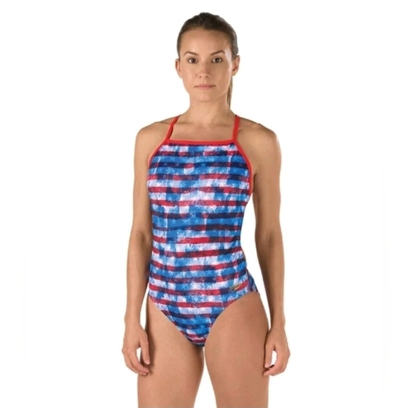 Speedo Women's Printed One Back Rio Americana One Piece Swimsuit Blue Red 8/34 - Picture 1 of 15